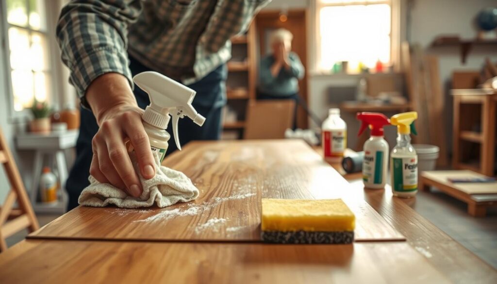 A close-up view of a wooden furniture piece being cleaned for painting, showcasing key aspects of degreasing. In the foreground, a person's hands in modest casual clothing are using a cleaning cloth and spray solution on the surface, emphasizing the action of removing grease. The middle ground features various cleaning supplies like a degreaser bottle and a sponge, arranged neatly to show effective techniques. The background presents a softly lit, clutter-free workshop environment with warm, natural light filtering in through a window, creating a focused and inviting atmosphere. The overall mood captures a sense of preparation and diligence, highlighting the importance of proper furniture care before painting.