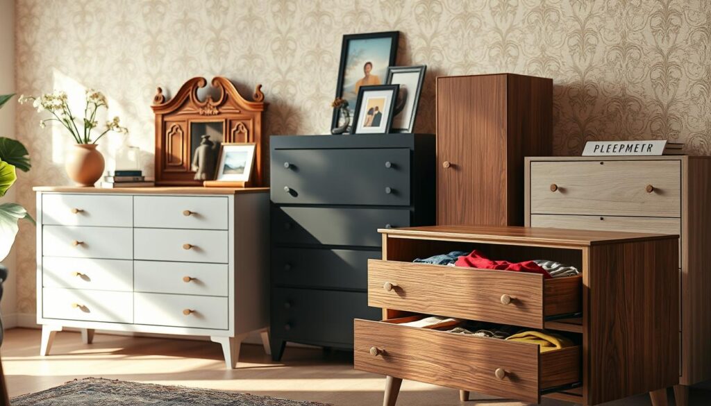 A collection of various types of dressers displayed in a cozy, well-lit room. In the foreground, there is a modern, sleek dresser with drawers open, showcasing colorful clothing inside. To the left, a vintage wooden dresser with intricate carvings stands elegantly, topped with decorative items like a vase and picture frames. In the middle ground, a minimalist dresser with a smooth finish and clean lines adds a contemporary touch. The background features soft-focused wallpaper with a subtle pattern, enhancing the cozy atmosphere. The lighting is warm, creating inviting shadows, and the image is captured from a slightly angled perspective, emphasizing the different styles and materials of each dresser. The mood is stylish and homely, perfect for illustrating the diversity of dresser designs. A collection of various types of dressers displayed in a cozy, well-lit room. In the foreground, there is a modern, sleek dresser with drawers open, showcasing colorful clothing inside. To the left, a vintage wooden dresser with intricate carvings stands elegantly, topped with decorative items like a vase and picture frames. In the middle ground, a minimalist dresser with a smooth finish and clean lines adds a contemporary touch. The background features soft-focused wallpaper with a subtle pattern, enhancing the cozy atmosphere. The lighting is warm, creating inviting shadows, and the image is captured from a slightly angled perspective, emphasizing the different styles and materials of each dresser. The mood is stylish and homely, perfect for illustrating the diversity of dresser designs.