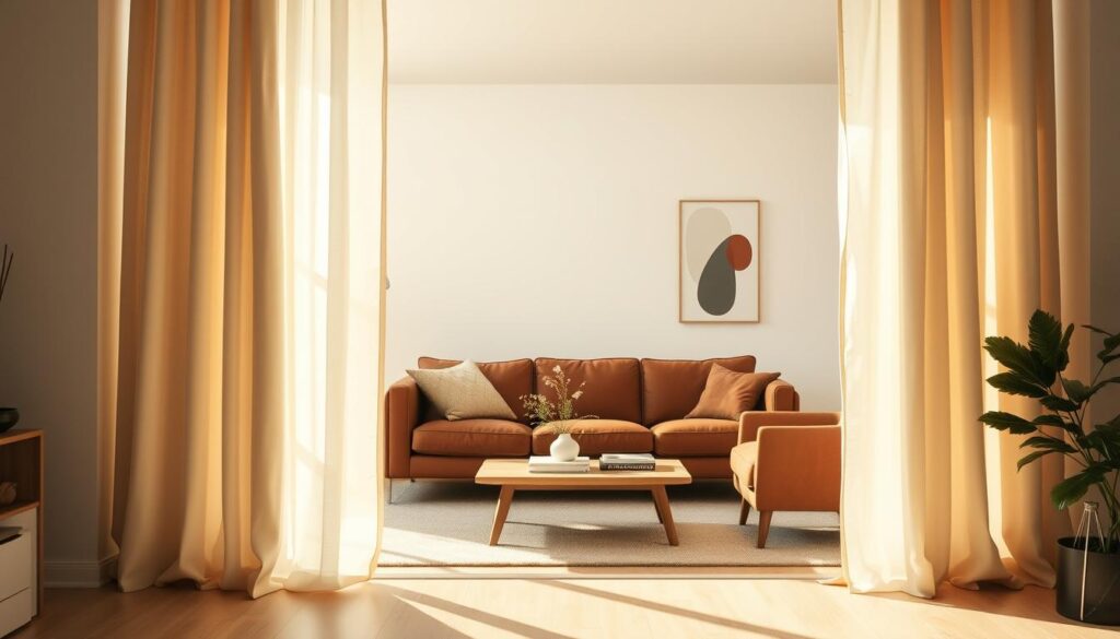 A cozy Scandinavian-inspired interior featuring elegant, light-filtering Scandinavian curtains in a soft, neutral palette. In the foreground, the curtains gently drape over a large window, allowing warm, natural light to illuminate the room. The middle section showcases a stylish living area with brown furniture—perhaps a plush leather sofa paired with a minimalist wooden coffee table adorned with a few decorative elements like a small plant and books. In the background, a wall painted white complements the overall aesthetic, while an abstract wall art piece adds a modern touch. The atmosphere is serene and inviting, emphasizing simplicity and functionality, with soft shadows cast by the sunlight to create a warm, homely feel. The scene should be captured with a soft focus lens to enhance the cozy mood.
