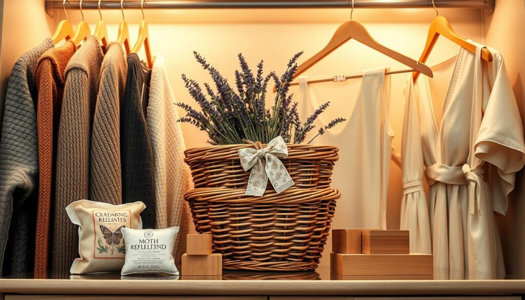 A cozy and elegant wardrobe scene conveying effective prevention methods against moths. In the foreground, neatly arranged clothing items such as wool sweaters and silk dresses hang elegantly, surrounded by herbal sachets and cedarwood blocks for moth protection. In the middle, a stylish wicker basket filled with lavender sprigs adds a touch of charm, with a wooden hanger adorned with a decorative moth-repelling fabric. The background features a softly lit room with warm, inviting lighting, highlighting a well-organized closet. The atmosphere is serene and reassuring, suggesting cleanliness and a sense of security in garment protection. Focus should be on a luxurious, well-curated wardrobe that reflects a proactive approach to moth prevention.