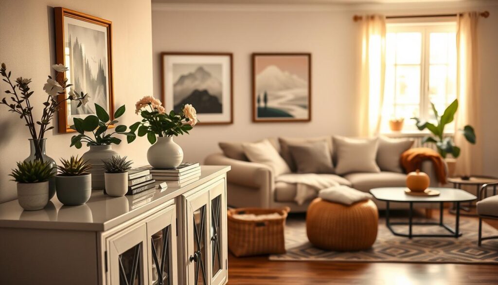 A cozy and elegantly decorated living room showcasing a white sideboard as the focal point. In the foreground, the sideboard is adorned with tasteful decor items such as potted plants, a stylish vase with fresh flowers, and a few carefully placed books. In the middle ground, a plush sofa with soft cushions sits invitingly, surrounded by tasteful art pieces hanging on the walls. The background features a warm, sunlit window that filters soft natural light into the space, creating a serene atmosphere. The color palette should be soft neutrals with pops of greenery, embodying a modern yet comfortable feel. The image should be captured from a slightly elevated angle, emphasizing the layered decor and inviting ambiance of the living room.