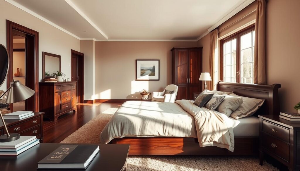 A cozy and stylish bedroom with dark wooden furniture, including a large bed with plush bedding and accent pillows. The walls are painted in a soft, complementary color that enhances the warm tones of the furniture. In the foreground, a well-organized bedside table holds a modern lamp and a few books. The middle area features a plush area rug and a comfortable chair, inviting relaxation. The background highlights a large window letting in soft, natural light, casting gentle shadows across the room. The overall atmosphere feels serene and inviting, perfect for illustrating the relationship between room size and wall color selection. The image is taken with a wide-angle lens to capture the spaciousness, with a focus on warm, inviting lighting. A cozy and stylish bedroom with dark wooden furniture, including a large bed with plush bedding and accent pillows. The walls are painted in a soft, complementary color that enhances the warm tones of the furniture. In the foreground, a well-organized bedside table holds a modern lamp and a few books. The middle area features a plush area rug and a comfortable chair, inviting relaxation. The background highlights a large window letting in soft, natural light, casting gentle shadows across the room. The overall atmosphere feels serene and inviting, perfect for illustrating the relationship between room size and wall color selection. The image is taken with a wide-angle lens to capture the spaciousness, with a focus on warm, inviting lighting.