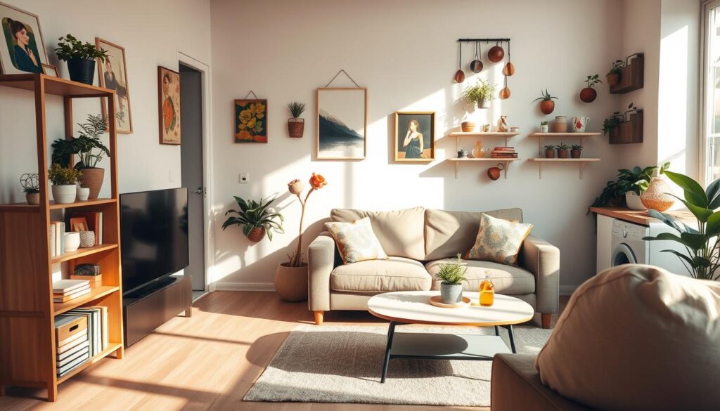 A cozy and stylish small apartment living space arranged for both practicality and aesthetics. In the foreground, a modest bookshelf adorned with decorative plants and artisanal decor items sits against a wall. The middle ground features a plush sofa accompanied by a chic coffee table, illuminated by soft, natural light streaming through a window, casting gentle shadows. On the walls, vibrant artwork and mirrors enhance the feeling of space and light. The background reveals a compact, well-organized kitchen area, cleverly using vertical space with hanging pots and open shelves. The atmosphere is warm and inviting, reflecting a harmonious blend of functionality and decor, ideal for small living spaces. The image should have a bright and airy feel, showcasing design that maximizes space without being cluttered, viewed at a slightly elevated angle.