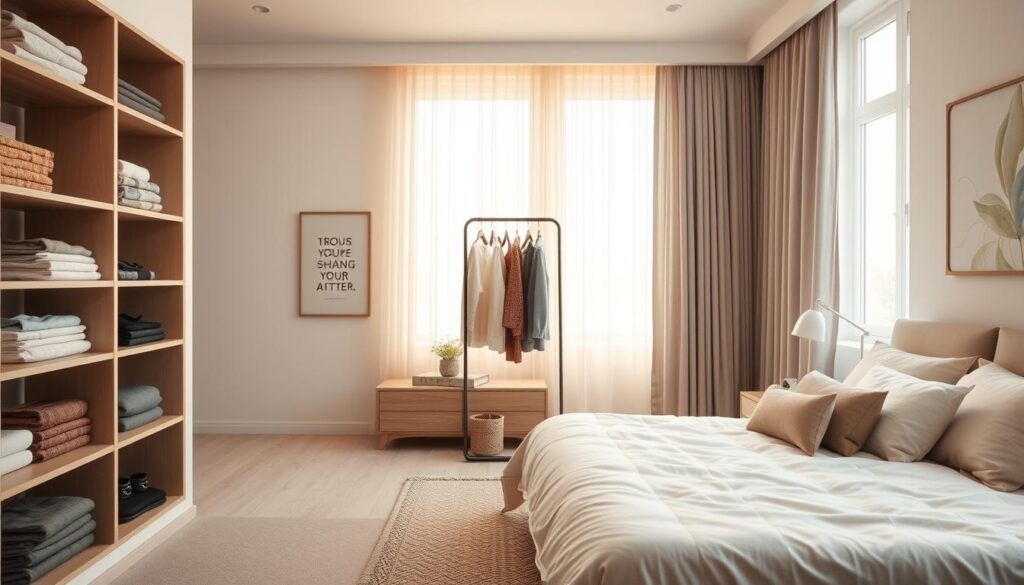 A cozy bedroom interior design featuring organized space without a traditional wardrobe. In the foreground, a stylish open shelving unit displays neatly folded clothes and accessories in soft, neutral tones. A comfortable bed with plush pillows is positioned against a feature wall decorated with artwork. In the middle ground, a small, artistic clothing rack stands with hanging garments, showcasing a minimalist approach to storage. The background includes a large window draped with sheer curtains, allowing warm natural light to flood the room, creating a welcoming atmosphere. The scene is captured from a slightly elevated angle to highlight the organization and inviting layout. The overall mood is calm, organized, and modern, perfect for illustrating alternative storage solutions in a bedroom.