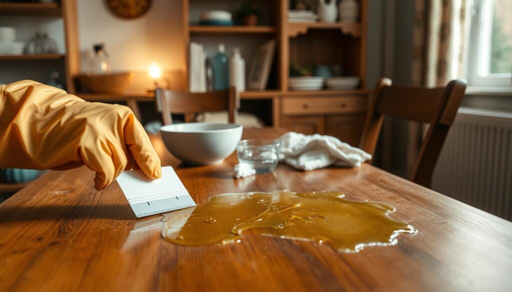 A cozy home setting featuring a wooden table partially covered in spilled candle wax. In the foreground, a hand wearing a rubber glove uses a plastic scraper to remove wax from the table surface. Nearby, a small bowl of warm water and a clean cloth are prepared, emphasizing a practical approach to cleaning. The background includes shelves with neatly arranged cleaning supplies and a softly glowing lamp, creating a warm, inviting atmosphere. The lighting is soft and natural, indicating late afternoon. The shot is taken from a slight angle above the table to capture the action closely while providing context for the tools used. The overall mood is calm and focused, highlighting the simplicity of the method.
