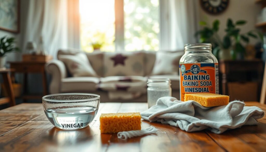 A cozy home setting focused on effective methods to remove paint from furniture using natural solutions. In the foreground, a wooden table is filled with common household items: a bowl of vinegar, a jar of baking soda, a sponge, and a cloth, all arranged neatly. The middle ground features a distressed piece of furniture, partially cleaned, showing a section with paint residue. Soft, warm lighting illuminates the scene, creating a welcoming atmosphere. In the background, a window allows natural light to filter in, revealing lush greenery outside. The overall mood is calm and inviting, perfect for a home DIY project. Use a close-up angle to emphasize the cleaning process and materials, ensuring clarity and focus on the painting removal techniques.