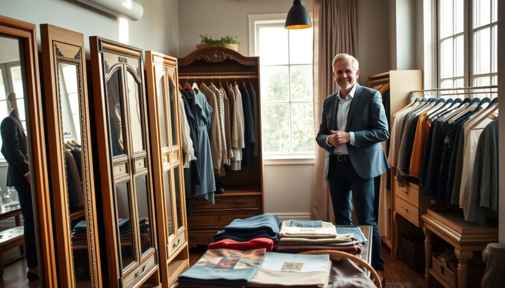 A cozy interior setting showcasing a stylish and well-organized closet selection. In the foreground, a beautifully arranged line of various wardrobe styles, including modern wooden frames and vintage designs, with intricate detailing. The middle ground features a friendly, professional interior designer in smart casual attire, pointing towards a selection of sample fabrics and wardrobe options laid out on a table. The background reveals soft natural lighting streaming in through large windows, illuminating the space and creating a warm, inviting atmosphere. The overall mood is one of inspiration and guidance, emphasizing the theme of thoughtful selection and stylish organization in wardrobe choices.