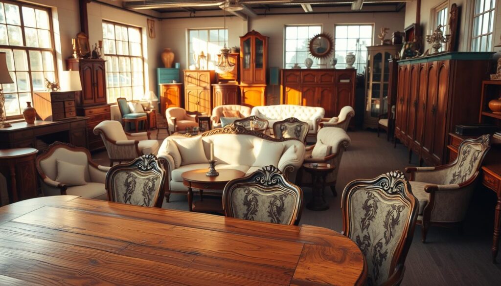 A cozy, inviting scene in a vintage furniture shop, showcasing a variety of old furniture pieces for sale. In the foreground, a beautifully restored wooden table with intricate carvings, surrounded by charming upholstered chairs in soft, muted colors. The middle ground features a well-organized, eclectic display of retro sofas, colorful cabinets, and ornate armoires, giving a sense of variety and nostalgia. In the background, warm sunlight streams through large windows, casting gentle shadows and creating a welcoming atmosphere. Soft, ambient lighting enhances the textures of the wood and fabric, inviting potential buyers to explore. The overall mood is friendly and approachable, perfect for a place where one can discover unique second-hand treasures.
