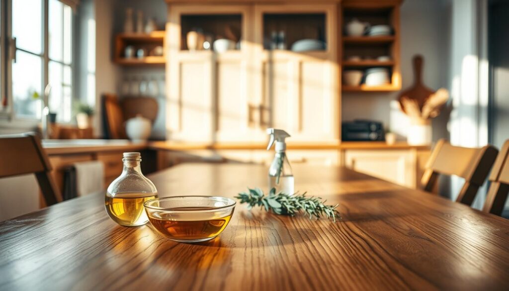A cozy kitchen scene highlighting homemade furniture care methods. In the foreground, a wooden table is elegantly polished, revealing its rich grain. On the table, various natural cleaning supplies are artfully arranged: a bowl of olive oil, a small jar of vinegar, and a bundle of freshly picked herbs, such as rosemary and thyme. In the middle, a well-organized cabinet showcases beautifully maintained kitchen utensils and dishware, enhancing the inviting atmosphere. The background features soft, warm lighting emanating from a sun-drenched window, casting gentle shadows across the room. The overall mood is warm and inviting, promoting a sense of home and care. The image should be captured from a slight angle, focusing on the textures and details of the furniture and materials.