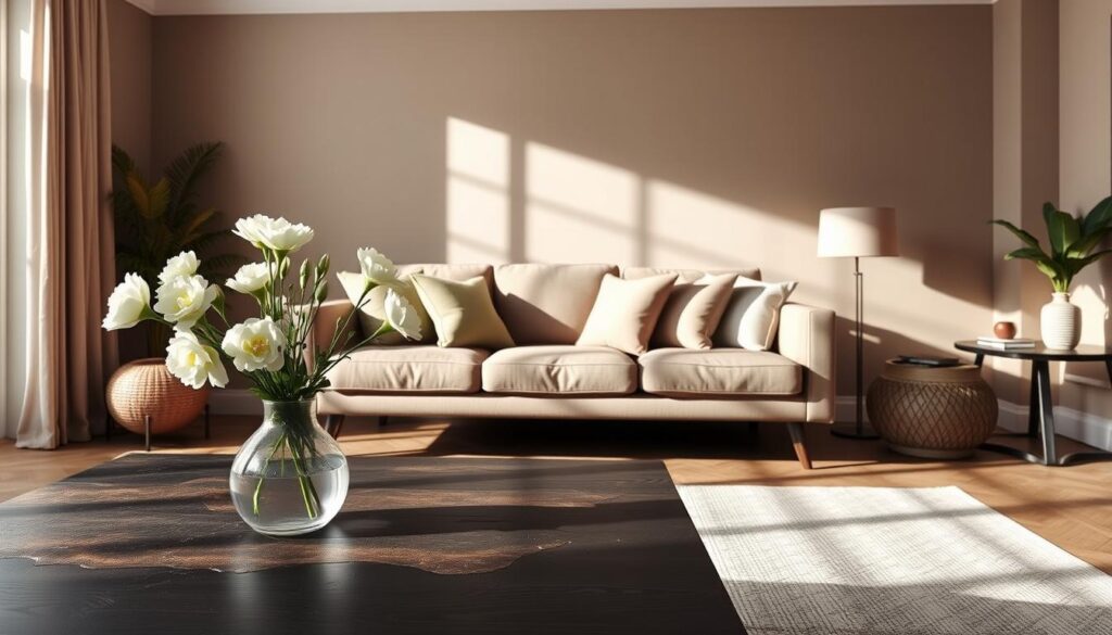A cozy living room featuring a harmonious color palette that complements dark furniture. In the foreground, a dark wooden coffee table is adorned with a vase of fresh white flowers. The middle ground showcases a luxurious sofa in a soft taupe fabric, paired with cushions in muted pastel tones like sage green and blush pink. In the background, the walls are painted in a warm greige, enhancing the ambiance and depth of the space. Soft, natural light streams through a large window, casting gentle shadows and illuminating the room with a serene glow. The overall atmosphere is inviting and sophisticated, making it perfect for interior design inspiration focused on universal colors that suit dark furniture.