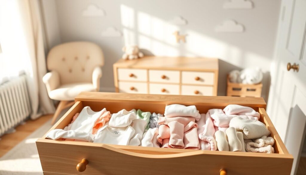 A cozy nursery setting showcasing an organized dresser filled with neatly folded baby clothes. In the foreground, a rainbow of soft, pastel-colored onesies and tiny socks is meticulously arranged in the open drawers, emphasizing practicality and tidiness. The middle layer features a charming, wooden dresser with a soft fabric lining, surrounded by a gentle light, creating a warm and inviting atmosphere. In the background, delicate wall decorations of baby animals and clouds enhance the nursery theme, while a plush rocking chair sits invitingly beside the dresser. Soft, natural lighting pours in from a nearby window, casting gentle shadows and highlighting the textures of the clothing. The mood is serene and nurturing, perfect for parents seeking storage solutions for baby garments. A cozy nursery setting showcasing an organized dresser filled with neatly folded baby clothes. In the foreground, a rainbow of soft, pastel-colored onesies and tiny socks is meticulously arranged in the open drawers, emphasizing practicality and tidiness. The middle layer features a charming, wooden dresser with a soft fabric lining, surrounded by a gentle light, creating a warm and inviting atmosphere. In the background, delicate wall decorations of baby animals and clouds enhance the nursery theme, while a plush rocking chair sits invitingly beside the dresser. Soft, natural lighting pours in from a nearby window, casting gentle shadows and highlighting the textures of the clothing. The mood is serene and nurturing, perfect for parents seeking storage solutions for baby garments.