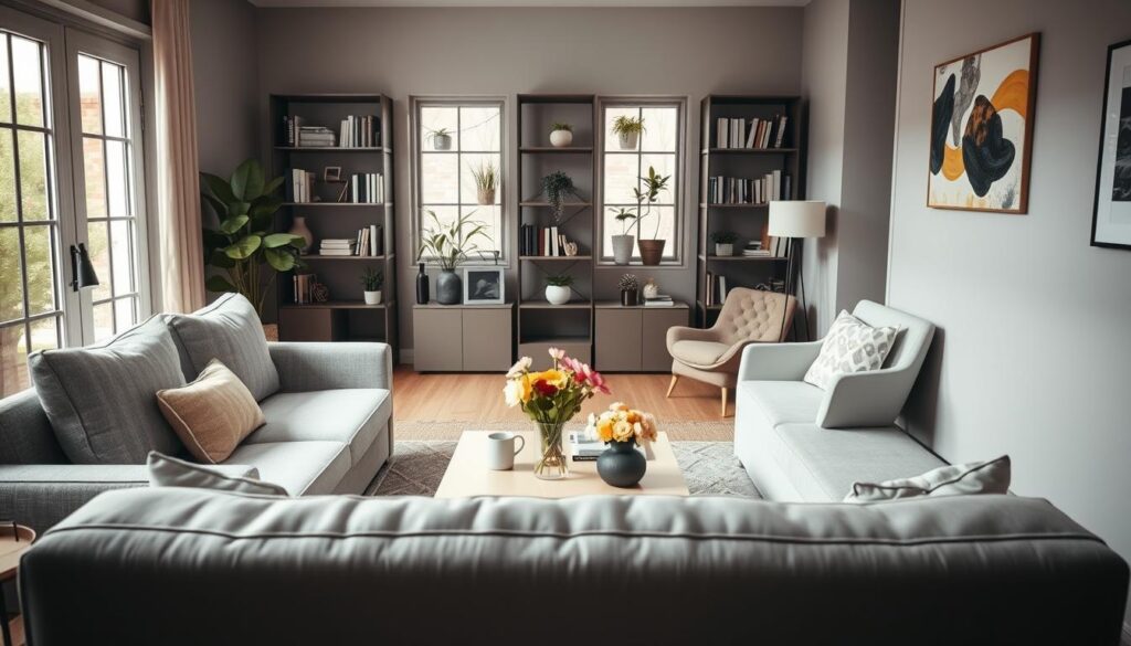 A cozy small living room featuring a stylish layout of furniture, designed for functionality and modern aesthetics. The foreground showcases a compact sofa facing a minimalist coffee table, adorned with decorative elements like a vase of fresh flowers. In the middle, there are well-placed shelving units filled with books and plants, creating a welcoming atmosphere. A stylish armchair complements the sofa, inviting relaxation. In the background, soft, natural light filters through large windows, highlighting a neutral color palette of grays and earthy tones. The scene conveys a tranquil and inviting mood, making the small space feel open and well-organized. The image should be captured from a slightly elevated angle, emphasizing the spatial arrangement.
