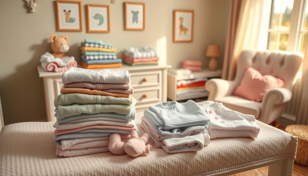 A cozy, warmly lit nursery scene showcasing folded infant clothing techniques. In the foreground, neatly arranged stacks of colorful baby onesies, socks, and tiny outfits are displayed on a soft, textured changing table. The middle ground features an open dresser with additional layers of neatly folded garments, showcasing various folding methods like the rolling technique and the traditional flat fold. The background includes a gentle pastel-painted wall adorned with playful nursery art, and a plush rocking chair that invites relaxation, enhancing the calm atmosphere. The lighting is soft and inviting, mimicking a golden afternoon glow, creating an aura of warmth and care. A slight overhead angle captures the organization and beauty of the scene, emphasizing the practicality and aesthetics of baby clothing organization.