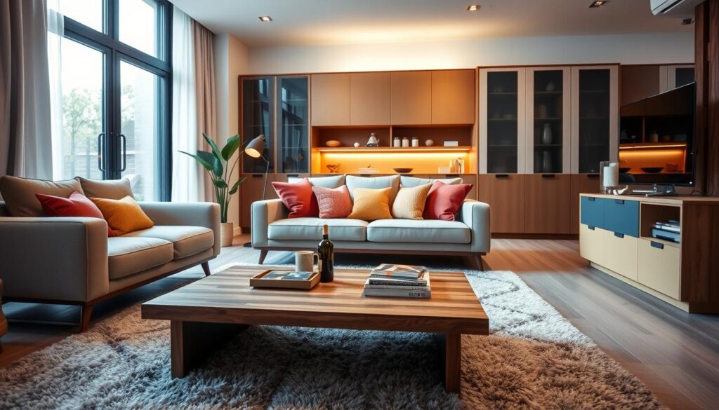 A cozy, well-designed living room featuring furniture with blend functionality; showcase modern sofas and cabinets that elegantly utilize blend components to maximize space and style. In the foreground, a stylish wooden coffee table sits atop a plush rug, with soft lighting creating a warm ambiance. The middle section includes a sleek sofa adorned with colorful cushions, while a blend of colors in the cabinet emphasizes storage solutions. The background reveals a large window with natural light streaming in, highlighting the furniture features. The atmosphere is inviting and contemporary, resonating with effective design principles that enhance both aesthetics and utility. Emphasize a harmonious balance of comfort and functionality, ensuring all furnishings are prominently displayed without any people present. A cozy, well-designed living room featuring furniture with blend functionality; showcase modern sofas and cabinets that elegantly utilize blend components to maximize space and style. In the foreground, a stylish wooden coffee table sits atop a plush rug, with soft lighting creating a warm ambiance. The middle section includes a sleek sofa adorned with colorful cushions, while a blend of colors in the cabinet emphasizes storage solutions. The background reveals a large window with natural light streaming in, highlighting the furniture features. The atmosphere is inviting and contemporary, resonating with effective design principles that enhance both aesthetics and utility. Emphasize a harmonious balance of comfort and functionality, ensuring all furnishings are prominently displayed without any people present.