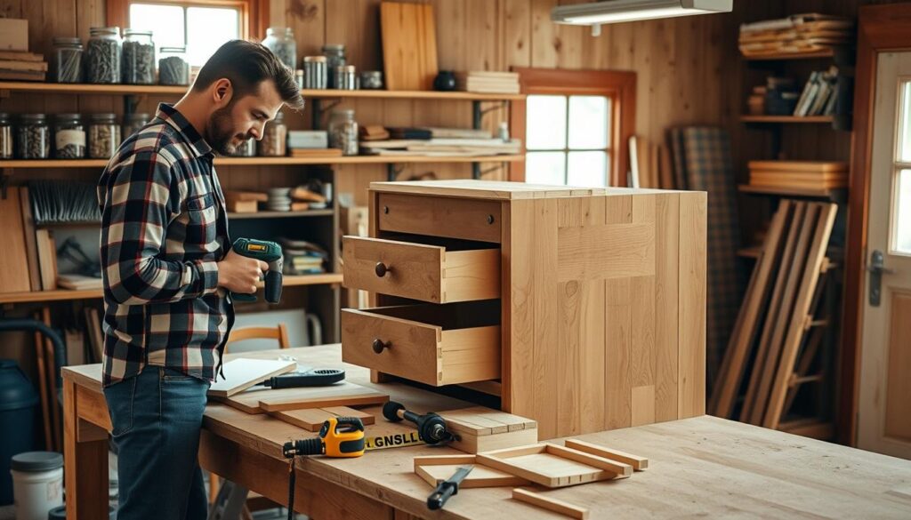 A cozy, well-lit workshop scene showcasing a DIY woodworker assembling a stylish wooden dresser. In the foreground, a craftsman, dressed in a plaid shirt and jeans, is focused on fitting the drawers, using a power drill. In the middle, tools such as a saw, sandpaper, and measuring tape are neatly arranged on a workbench, surrounded by wood pieces cut to size. The background features shelves filled with jars of nails, screws, and woodworking books, bathed in warm, natural light filtering through a window, creating a welcoming atmosphere. The overall mood is one of creativity and craftsmanship, with a hint of rustic charm. The image captures the essence of making a dresser from scratch, emphasizing both skill and passion in the DIY process. A cozy, well-lit workshop scene showcasing a DIY woodworker assembling a stylish wooden dresser. In the foreground, a craftsman, dressed in a plaid shirt and jeans, is focused on fitting the drawers, using a power drill. In the middle, tools such as a saw, sandpaper, and measuring tape are neatly arranged on a workbench, surrounded by wood pieces cut to size. The background features shelves filled with jars of nails, screws, and woodworking books, bathed in warm, natural light filtering through a window, creating a welcoming atmosphere. The overall mood is one of creativity and craftsmanship, with a hint of rustic charm. The image captures the essence of making a dresser from scratch, emphasizing both skill and passion in the DIY process.