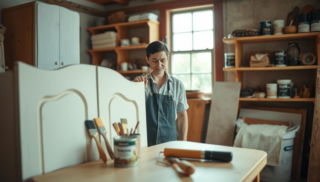 A cozy, well-lit workshop setting where a person in casual, professional clothing is carefully painting an old veneer wardrobe. The foreground features the wardrobe, with a partially painted surface showcasing a rich, creamy white color. Tools such as paint brushes and a small paint roller are arranged neatly beside a tin of paint. In the middle, the person, focused and dedicated, is applying paint with a brush, their expression reflecting concentration. The background consists of wooden shelves filled with various paint supplies and a window allowing natural light to illuminate the scene. The atmosphere is warm and inviting, with soft shadows enhancing the textures of the wood and paint, emphasizing the DIY spirit of furniture restoration. A cozy, well-lit workshop setting where a person in casual, professional clothing is carefully painting an old veneer wardrobe. The foreground features the wardrobe, with a partially painted surface showcasing a rich, creamy white color. Tools such as paint brushes and a small paint roller are arranged neatly beside a tin of paint. In the middle, the person, focused and dedicated, is applying paint with a brush, their expression reflecting concentration. The background consists of wooden shelves filled with various paint supplies and a window allowing natural light to illuminate the scene. The atmosphere is warm and inviting, with soft shadows enhancing the textures of the wood and paint, emphasizing the DIY spirit of furniture restoration.
