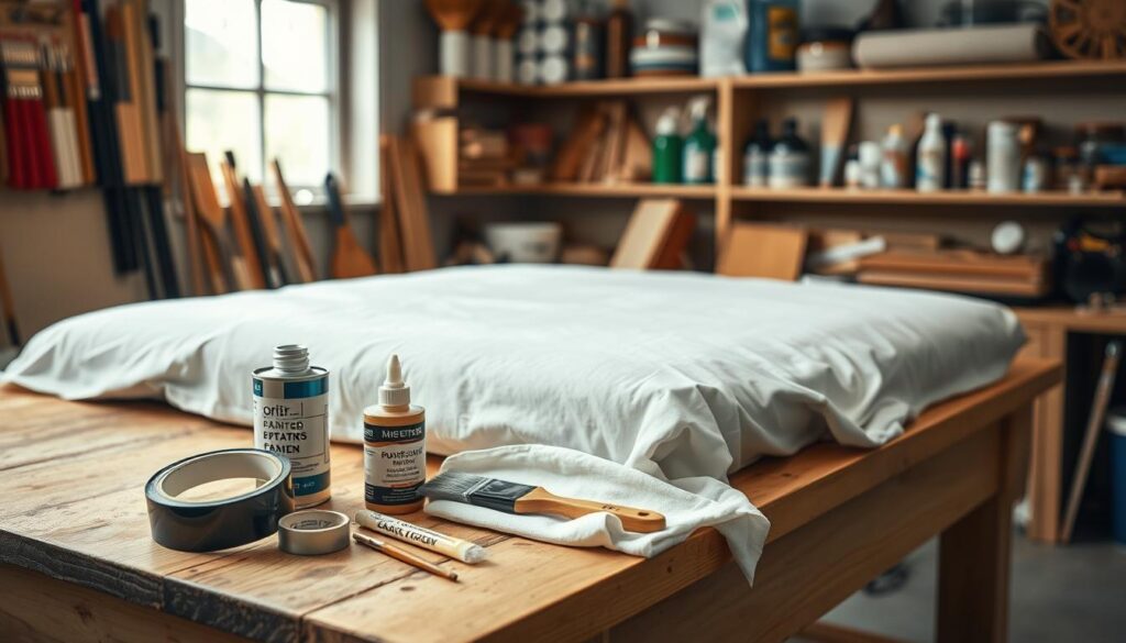 A cozy, well-lit workshop setting with a wooden workbench in the foreground. On the bench, a set of various paint protection supplies: a roll of painter's tape, a can of sealant, and a clean brush beside a freshly wrapped piece of furniture covered with a soft, fitted cloth. In the background, shelves filled with brushes, rollers, and cleaning products. Soft, diffused lighting creates a warm atmosphere that emphasizes the care taken in prepping furniture for paintwork. The scene conveys a sense of diligence and preparation, with a focus on protecting furniture from paint damage, showcasing the importance of proper protection methods in a domestically inviting environment.