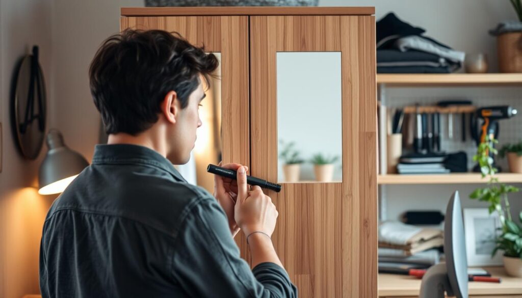 A cozy, well-lit workspace featuring a professional-looking individual in modest casual clothing carefully detaching a mirror from a wardrobe. In the foreground, the person is focused, gently using a tool to pry the mirror away, conveying a sense of diligence and practicality. In the middle, the mirror's reflection shows part of the room, hinting at a warm and inviting atmosphere with soft natural light filtering in through a nearby window. The background includes neatly arranged shelves with tools and a few plants, enhancing the organized, practical vibe of the space. The overall mood is calm and focused, emphasizing the theme of practical advice for mirror removal.
