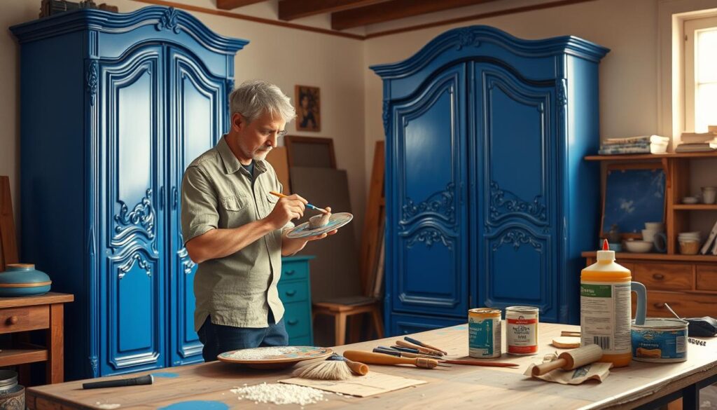 A cozy, well-lit workspace showcasing the process of painting furniture made from particleboard. In the foreground, a craftsman in a modest casual shirt carefully applies vibrant blue paint to an intricately designed wardrobe with a paintbrush. Splashes of paint and a palette can be seen beside him, emphasizing creativity and craftsmanship. In the middle ground, various tools like sandpaper, brushes, and a can of lacquer are arranged orderly on a wooden table. In the background, soft natural light filters through a window, illuminating the scene and creating a warm atmosphere. The overall mood is inviting and inspiring, highlighting the transformation of furniture through careful restoration techniques.