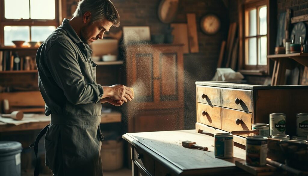 A cozy workshop scene centered around the careful restoration of furniture, featuring a vintage wooden cabinet in mid-renovation. In the foreground, a skilled artisan, dressed in a modest work shirt and apron, is gently sanding the cabinet's surface, showcasing the texture of the wood. The middle includes a workbench cluttered with tools such as brushes, varnish cans, and sandpaper, hinting at the different techniques employed in furniture renovation. In the background, warm sunlight filters through a window, illuminating the dust particles in the air and creating a welcoming atmosphere. The scene captures a sense of dedication and craftsmanship, with soft, natural lighting casting gentle shadows to enhance depth. The overall mood is focused and serene, reflecting the art of furniture restoration. A cozy workshop scene centered around the careful restoration of furniture, featuring a vintage wooden cabinet in mid-renovation. In the foreground, a skilled artisan, dressed in a modest work shirt and apron, is gently sanding the cabinet's surface, showcasing the texture of the wood. The middle includes a workbench cluttered with tools such as brushes, varnish cans, and sandpaper, hinting at the different techniques employed in furniture renovation. In the background, warm sunlight filters through a window, illuminating the dust particles in the air and creating a welcoming atmosphere. The scene captures a sense of dedication and craftsmanship, with soft, natural lighting casting gentle shadows to enhance depth. The overall mood is focused and serene, reflecting the art of furniture restoration.