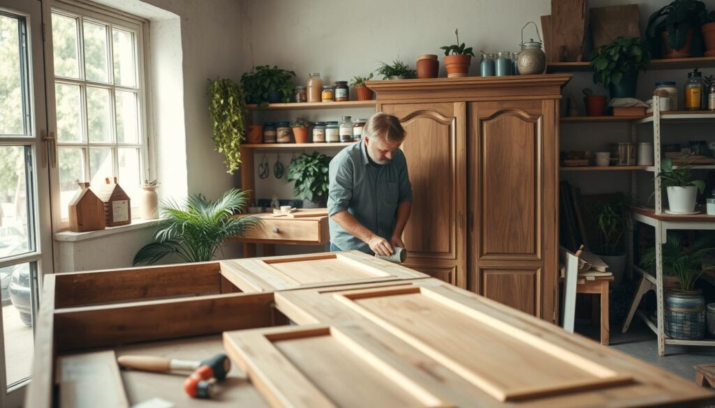 A cozy workshop scene featuring an indoor furniture recycling project. In the foreground, an old wooden wardrobe is partially disassembled, with tools like a hammer, screwdriver, and paintbrush scattered around. The middle ground showcases a craftsman, dressed in modest casual clothing, carefully sanding one of the wardrobe panels, focused and methodical. The background is filled with shelves holding jars of paints and varnishes, alongside potted plants that add a touch of greenery. Soft, natural light streams through a nearby window, casting gentle shadows and creating a warm, inviting atmosphere. The overall mood is one of creativity and practicality, emphasizing sustainable furniture renewal.