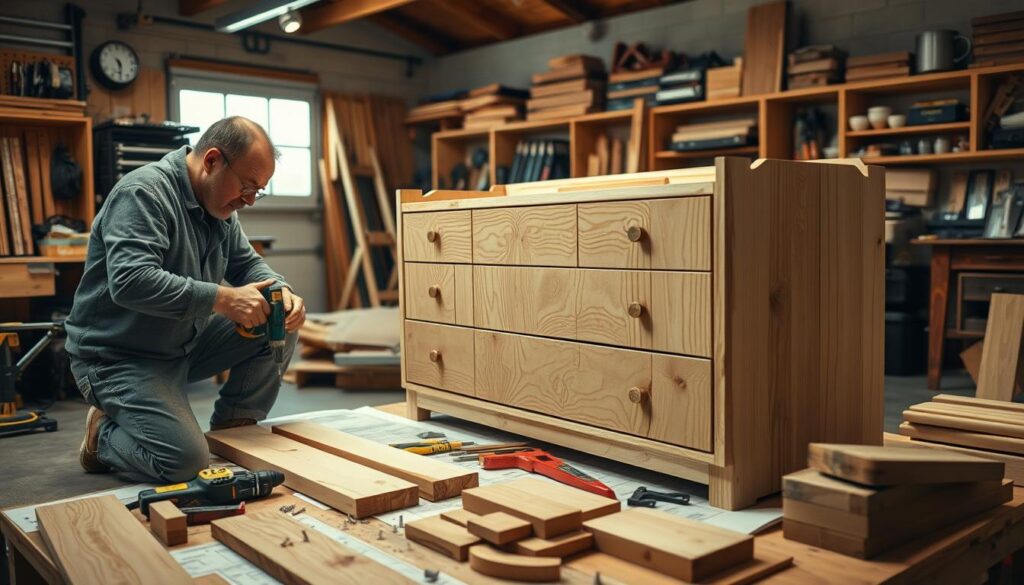 A detailed DIY woodworking scene depicting the step-by-step construction of a wooden dresser. In the foreground, a skilled craftsman, wearing modest casual clothing, is focused on assembling the dresser using power tools and measuring instruments. The middle ground features a partially constructed dresser, with various wooden planks, screws, and blueprints scattered around. Highlight the textures of the wood with rich grains and knots for authenticity. In the background, a well-lit garage workspace showcases additional tools, workbenches, and shelves filled with supplies. Soft, warm lighting casts gentle shadows, creating a cozy, industrious atmosphere, with a shallow depth of field to emphasize the craftsmanship involved in the DIY process.