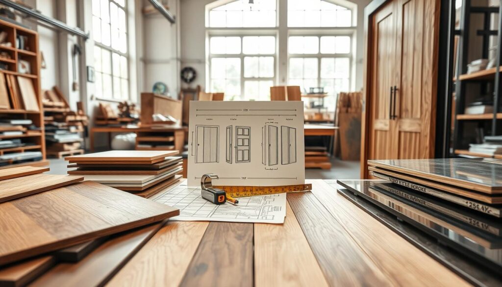 A detailed and organized workspace showcasing various materials for sliding wardrobe doors. In the foreground, several samples of wood and metal surfaces arranged aesthetically, highlighting textures and finishes such as oak, pine, aluminum, and glass. In the middle, a dimensioned sketch or blueprint of sliding door designs, with tools like a measuring tape and pencil. The background displays a well-lit workshop environment with natural light filtering through large windows, creating a warm and inviting atmosphere. The camera angle is slightly elevated, capturing a sense of depth in the workspace. The mood is professional yet creative, emphasizing craftsmanship and the careful selection of materials.