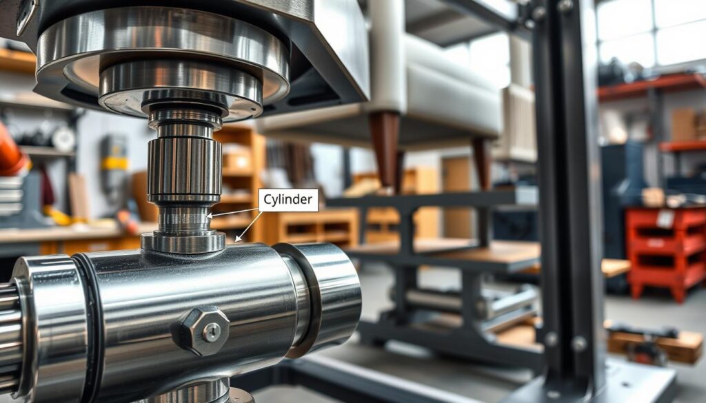 A detailed illustration of a gas lift mechanism in action, focusing on its technical components. In the foreground, show the gas lift piston with clear labels for the cylinder, valve, and gas chamber. The middle ground features furniture being adjusted in height, highlighting the mechanism’s function in practical use. The background includes a softly lit workshop environment, with tools and machinery subtly visible to create a technical atmosphere. Use natural lighting to enhance the metallic surfaces of the gas lift and furniture, capturing reflections and shadows for depth. The camera angle should be slightly above eye level, giving a comprehensive view of the entire assembly and showcasing its mechanics clearly. The image should evoke a sense of precision and engineering excellence.