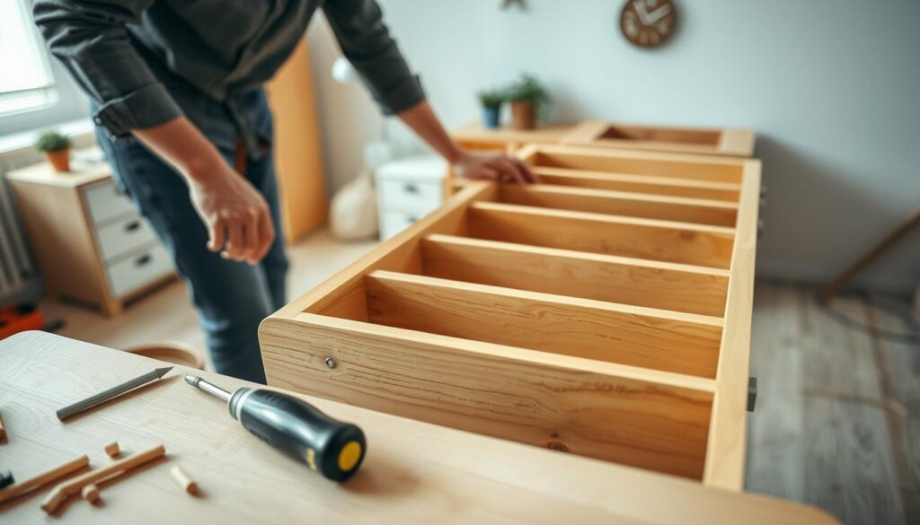 A detailed view of a person assembling drawers for a dresser, focused on the process of "montaż szuflad". In the foreground, show a neatly organized workspace with tools like a screwdriver and wooden dowels. The middle ground should display a partially assembled dresser, with multiple drawers awaiting installation. Use a high angle to capture the craftsmanship involved, emphasizing the precision of fitting the drawers into their slots. The background features a well-lit room with soft, natural light filtering through a window, creating a warm and inviting atmosphere. The individual in the scene is wearing casual but professional attire, showcasing a task-oriented mood, fully engaged in their work without distractions.