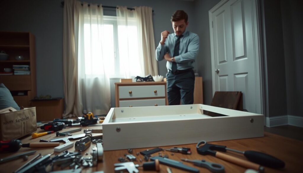 A frustrated individual wearing professional attire, standing beside an unfinished dresser with a changing table attachment, is surrounded by scattered tools and hardware. The foreground features a close-up of the person’s hands attempting to align the changing table brackets, while in the middle, you can see the dresser partially assembled with missing screws and misaligned parts. The background reveals a dimly lit room with soft, natural light filtering through a nearby window, casting gentle shadows on the walls. The atmosphere is tense yet focused, capturing the challenges and complications often faced during assembly. The image should emphasize the struggle and problem-solving involved in the process, without any text or distractions.