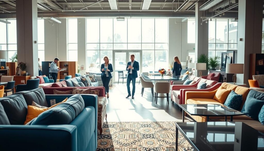 A modern furniture outlet showcasing a spacious, well-lit showroom filled with stylish and affordable furniture items. In the foreground, a selection of colorful couches and elegant dining tables arranged aesthetically, with tags indicating discounts. The middle ground features shoppers examining furniture, dressed in professional business attire or modest casual clothing, conveying a sense of excitement and discovery. The background displays large windows allowing natural light to flood the room, enhancing the vibrant colors of the furnishings. Soft shadows create a warm atmosphere, and the overall mood is inviting and cheerful, encouraging thoughts of great deals and stylish choices. The camera angle is slightly elevated, capturing the breadth of the outlet's offerings.