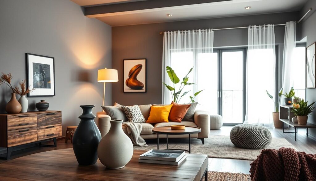 A modern interior design scene showcasing grey walls and brown furniture, elegantly arranged to inspire decorating ideas. In the foreground, a stylish coffee table adorned with decorative vases and textured throws. The middle ground features a cozy seating area with a plush, neutral-toned sofa accented by colorful cushions. A chic floor lamp casts warm, inviting light. In the background, large windows with sheer curtains allow natural light to flood the space, highlighting potted plants and contemporary artwork on the walls. The atmosphere is serene yet vibrant, perfectly blending modern aesthetics with comfort. The image is captured from a slightly elevated angle to emphasize the layout and design elements, promoting a sense of spaciousness and harmony.