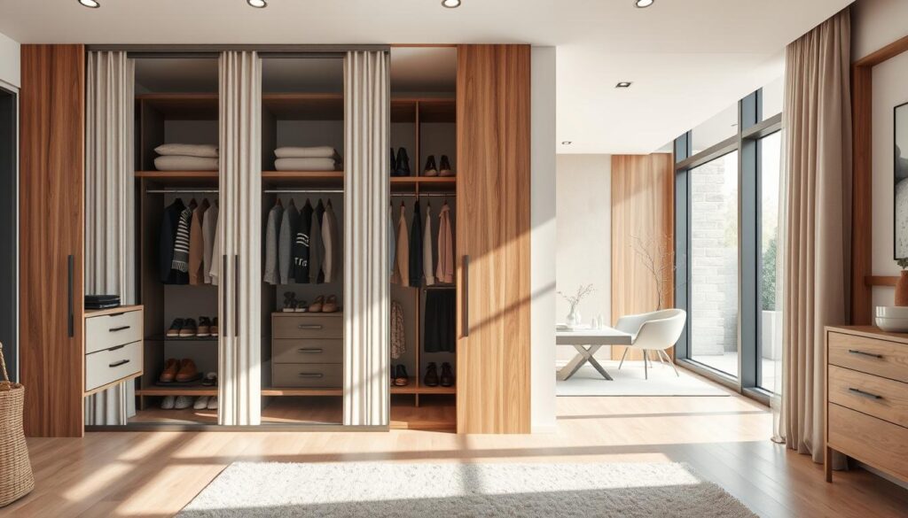 A modern interior design that creatively replaces traditional wardrobe doors, featuring innovative solutions like sliding panels, open shelving, and decorative drapery. In the foreground, showcase a stylish, organized closet space with wood and metal accents, adorned with neatly arranged clothes and accessories. The middle ground highlights a harmonious blend of materials—glass, fabric, and natural wood—while the background features a bright, airy room with large windows allowing soft natural light to filter in. Use a wide-angle lens to capture depth, emphasizing the contrast between modern textures and a cozy atmosphere. The overall mood is fresh, inviting, and sophisticated, representing contemporary approaches to interior design.
