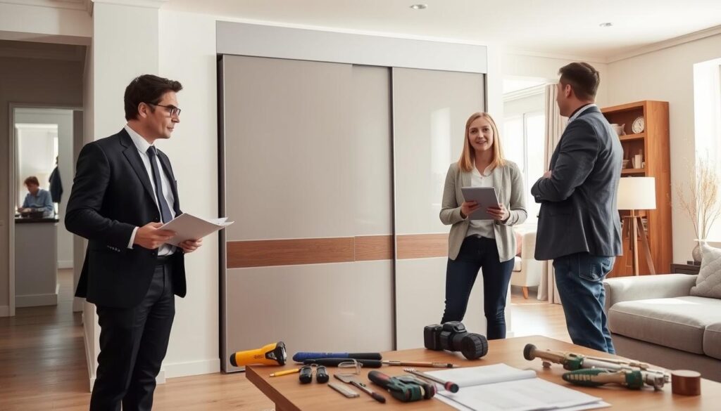 A modern interior scene showcasing a professional service selecting installation options for sliding wardrobes. In the foreground, a well-dressed consultant with a notepad and a tablet stands beside a sleek, partially assembled wardrobe, discussing specifications with a client in smart casual attire. The middle ground features tools and materials neatly organized on a table, emphasizing the installation process. The background reveals a stylish, well-lit room with a partially visible sliding wardrobe, decoratively arranged with neutral colors. Soft, natural light filters through a nearby window, creating a warm, inviting atmosphere. The overall mood conveys professionalism and careful consideration in choosing mounting services, highlighting the importance of expertise in home installations.