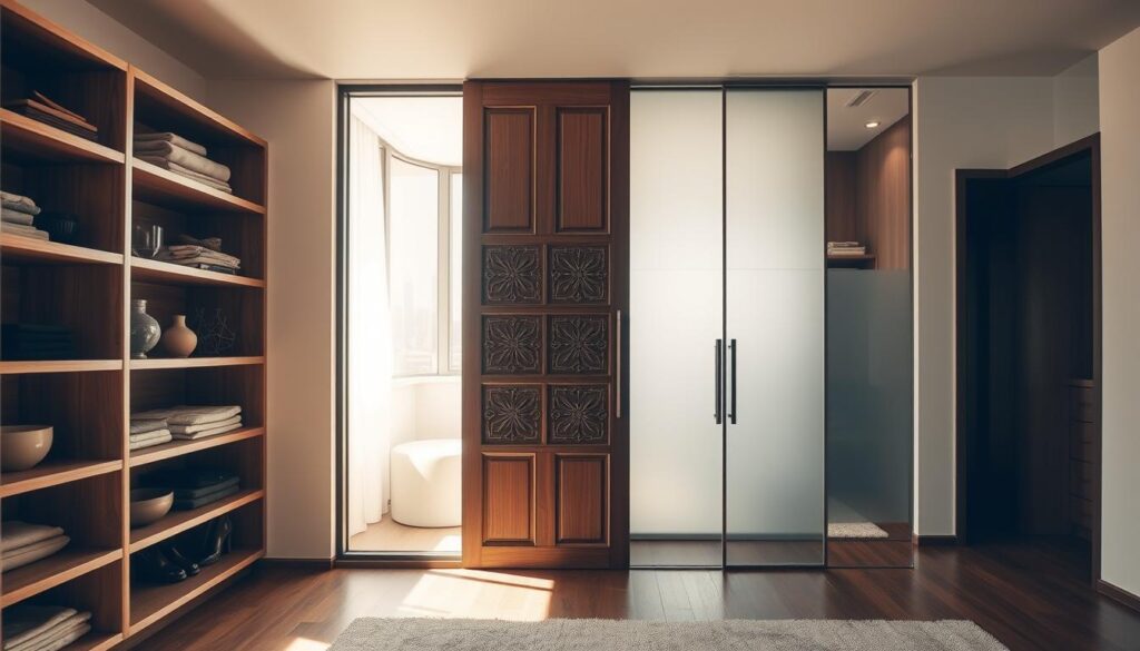 A modern interior showcasing innovative alternatives to classic wardrobe doors. In the foreground, a stylish open shelving unit with decorative items and clothing visible. The middle layer features a set of sliding wooden panels with intricate carvings, creating a sleek yet traditional contrast. In the background, a large, minimalist walk-in closet with frosted glass dividers allows soft light to filter through, illuminating the space. The scene is warm and inviting, enhanced by natural sunlight streaming in through a nearby window. Use a wide-angle lens to capture the spaciousness and depth of the room, maintaining a harmonious balance of colors and textures that exude contemporary elegance. The atmosphere is tranquil, showcasing a blend of functionality and aesthetic appeal.
