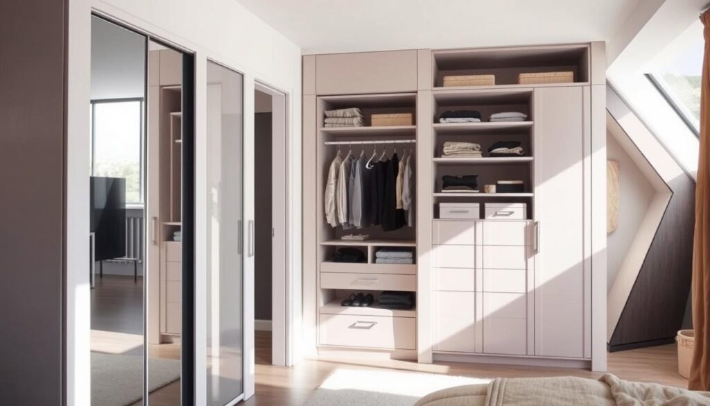 A modern interior showcasing various types of custom wardrobes, positioned in a stylishly designed room. In the foreground, a sleek, built-in wardrobe with mirrored sliding doors and minimalist handles reflects soft, natural light streaming in from a nearby window. In the middle, a standing wardrobe with open shelves displaying neatly organized clothes and accessories, highlighting functionality and aesthetics. At the back, a contemporary corner wardrobe with a unique geometric design, creating an inviting atmosphere. The lighting is bright and airy, creating a sense of spaciousness. The color palette includes neutral tones complemented by accents of wood and fabric, conveying a chic and contemporary mood suitable for inspiring interior design ideas.