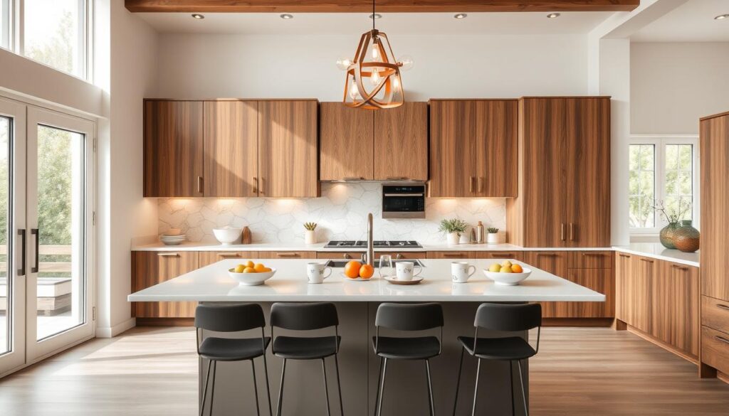A modern kitchen interior showcasing custom-built kitchen furniture featuring stylish cabinets and countertops. In the foreground, there is a sleek island with bar stools, adorned with decorative fruit bowls and elegant coffee mugs. In the middle, details like cabinetry with unique textures and finishes, integrated appliances, and artistic pendant lighting are highlighted. The background reveals a bright, airy space with large windows allowing natural light to flood in, enhancing the inviting atmosphere. The overall mood is warm and contemporary, evoking a sense of functionality and beauty. The scene should be captured with a wide-angle lens to provide a comprehensive view of the kitchen layout, emphasizing both craftsmanship and design.