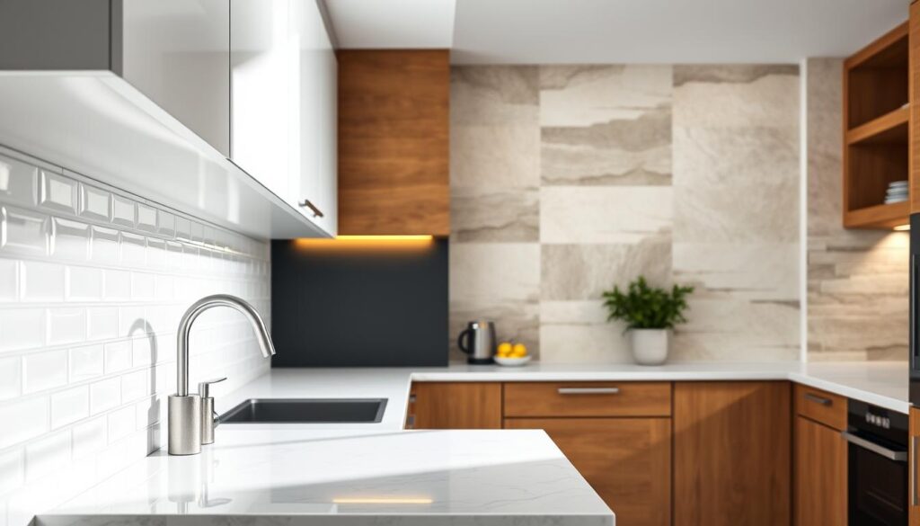 A modern kitchen showcasing various wall materials suited for a functional and stylish environment. In the foreground, a textured backsplash made of glossy white subway tiles with minimal grout lines reflects soft natural light coming from a large window. In the middle ground, there are sections of matte charcoal paint, complemented by wooden accents in a warm oak finish. The background features elegant stone patterns in soft beige and gray hues. The scene has a bright, airy atmosphere, enhanced by warm LED under-cabinet lighting highlighting the textures. The perspective is slightly elevated, capturing an inviting and practical kitchen layout, focusing on the harmony between materials and the overall design aesthetic. A modern kitchen showcasing various wall materials suited for a functional and stylish environment. In the foreground, a textured backsplash made of glossy white subway tiles with minimal grout lines reflects soft natural light coming from a large window. In the middle ground, there are sections of matte charcoal paint, complemented by wooden accents in a warm oak finish. The background features elegant stone patterns in soft beige and gray hues. The scene has a bright, airy atmosphere, enhanced by warm LED under-cabinet lighting highlighting the textures. The perspective is slightly elevated, capturing an inviting and practical kitchen layout, focusing on the harmony between materials and the overall design aesthetic.