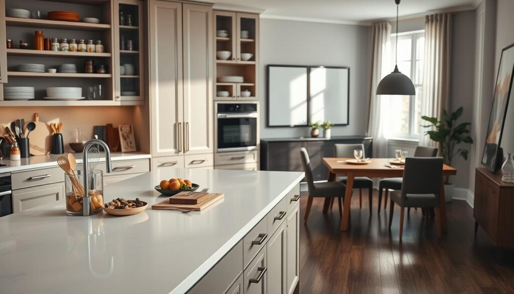 A modern kitchen space showcasing optimal organization and functionality. In the foreground, a pristine kitchen island with neatly arranged utensils and ingredients, emphasizing usability. The middle layer features elegant cabinetry with smart storage solutions like pull-out drawers, spice racks, and overhead shelves filled with neatly arranged dishware. The background includes a stylish dining area with a wooden table set for two, bathed in soft, natural light coming through a large window. The scene is photographed from a slightly elevated angle, providing a comprehensive view of the kitchen layout. The overall mood is inviting and practical, aiming to inspire efficient use of kitchen space while maintaining a warm, homey atmosphere. A modern kitchen space showcasing optimal organization and functionality. In the foreground, a pristine kitchen island with neatly arranged utensils and ingredients, emphasizing usability. The middle layer features elegant cabinetry with smart storage solutions like pull-out drawers, spice racks, and overhead shelves filled with neatly arranged dishware. The background includes a stylish dining area with a wooden table set for two, bathed in soft, natural light coming through a large window. The scene is photographed from a slightly elevated angle, providing a comprehensive view of the kitchen layout. The overall mood is inviting and practical, aiming to inspire efficient use of kitchen space while maintaining a warm, homey atmosphere.