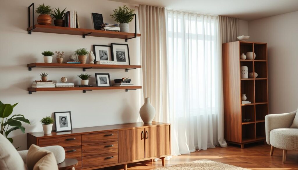 A modern living room featuring stylish decorative shelves mounted above a vintage wooden dresser. In the foreground, the shelves showcase an array of curated items: potted plants, art books, small sculptures, and framed photographs, arranged thoughtfully to create visual interest. The middle ground includes the dresser, beautifully crafted from rich walnut, adorned with a minimalistic vase that complements the decor. In the background, soft natural light filters through a window adorned with sheer curtains, creating a warm and inviting atmosphere. A cozy rug underfoot invites comfort, while neutral tones and subtle textures enhance the elegant yet practical mood of the space. The angle is a slightly elevated view, capturing the harmony between the shelves and the dresser.