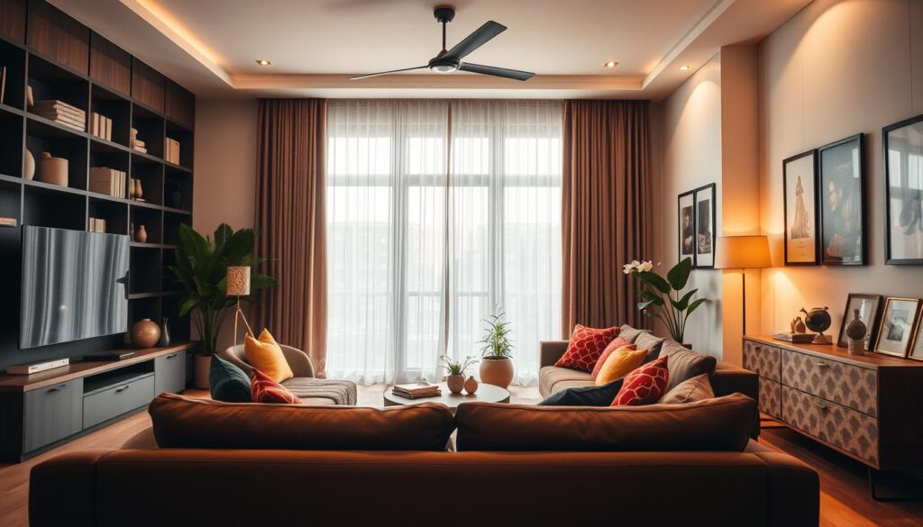 A modern living room showcasing trendy interior design featuring brown furniture. In the foreground, there’s a cozy, large brown sofa adorned with colorful throw pillows and a stylish coffee table. In the middle, a pair of elegant, floor-length curtains in soft fabric hang beside a large window, allowing natural light to flood the space, casting gentle shadows. The background displays a tasteful bookshelf filled with decorative accents, framed artwork on the walls, and indoor plants adding a touch of greenery. The atmosphere is warm and inviting, with a soft, ambient glow created by chic lighting fixtures. The angle captures an inviting perspective, emphasizing harmony and style in contemporary home decor.