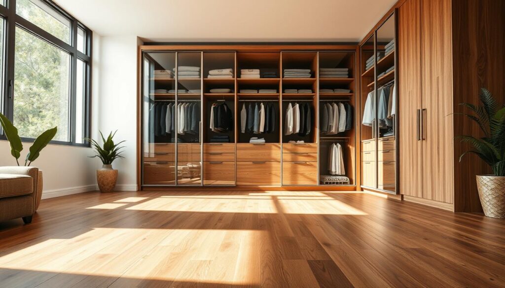 A modern, spacious custom-built wardrobe in a stylish bedroom setting, showcasing a range of materials like wood, glass, and metal. The wardrobe features sleek sliding doors and organized compartments filled with neatly displayed clothes and accessories. In the foreground, a polished wooden floor reflects the wardrobe’s sleek design. In the middle, sunlight filters through a large window, illuminating the wardrobe and creating a warm atmosphere. Soft shadows enhance the textures of the wardrobe’s surfaces, making it feel inviting and functional. The background shows a minimalistic room with neutral-toned walls and some decorative plants, conveying a sense of tranquility and elegance. The overall mood is sophisticated yet practical, illustrating quality craftsmanship and design in a contemporary home setting.