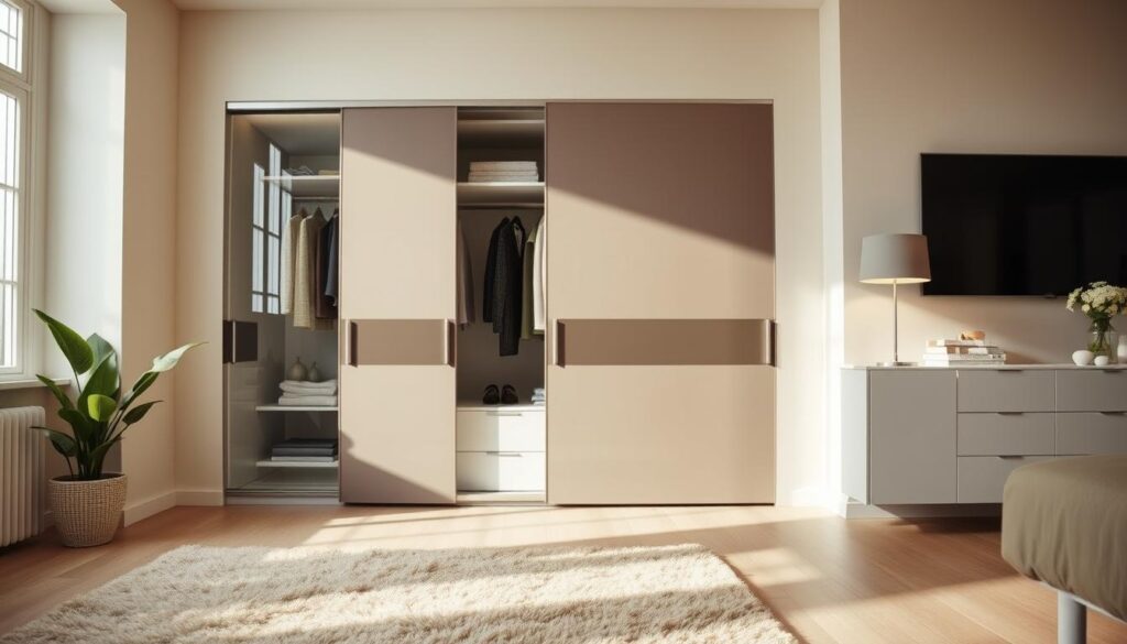 A modern, stylish sliding wardrobe in a well-lit, elegant room. The wardrobe features a sleek design and is partially open, revealing neatly organized clothing inside, showcasing a transformation in its appearance with a fresh, decorative wrap. In the foreground, a soft rug adds warmth, while a potted plant adds a touch of greenery. The middle of the image showcases the beautifully designed wardrobe, reflecting light from a nearby window, emphasizing its new look with a contemporary finish. The background features soft pastel-colored walls and a tastefully arranged minimalistic decor, contributing to a serene and inviting atmosphere. The lighting is natural and bright, creating a positive and inspiring mood in the space, perfect for illustrating the benefits of revamping a sliding wardrobe’s appearance.