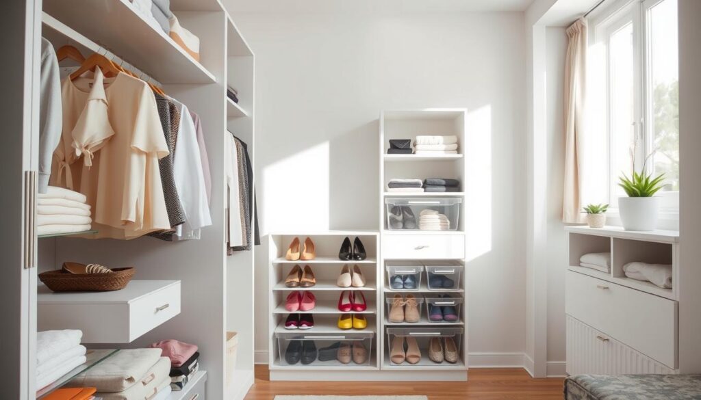 A modern, stylish wardrobe designed for optimal organization and functionality. In the foreground, showcase a neatly arranged open wardrobe with various compartments filled with neatly folded clothes, hanging blouses, and accessories organized in clear storage boxes. In the middle, highlight a clever shoe storage solution with colorful pairs of shoes displayed neatly. In the background, add soft natural light filtering through a window, illuminating the scene and creating a fresh, inviting atmosphere. Include a small potted plant on a nearby shelf to enhance the warm, cozy feel. Capture the image from a slightly elevated angle to provide a comprehensive view of the wardrobe while maintaining a harmonious balance between organization and aesthetic appeal.