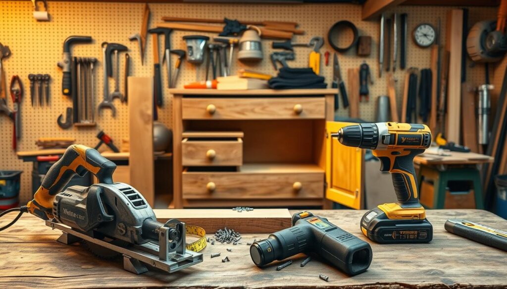 A neatly organized workspace showcasing essential tools for woodworking, focused on hand tools and power tools suited for transforming a dresser into a sink cabinet. In the foreground, a well-used saw, a robust power drill, a level, and a measuring tape are artistically arranged on a rustic wooden workbench. The middle layer features a half-assembled dresser, with its drawers partially pulled out, revealing an intricate joinery, surrounded by scattered screws and wooden planks. In the background, bright workshop lighting casts a warm glow, emphasizing a tidy, industrial-style environment with pegboard walls holding various tools. The overall mood is inviting and creative, inspiring confidence in DIY projects.