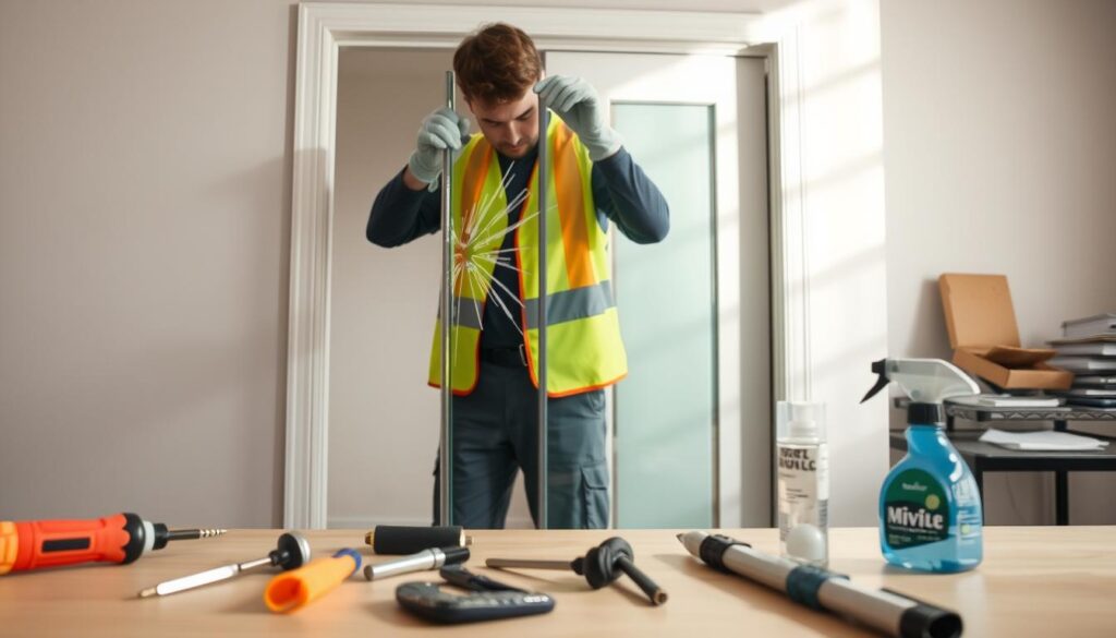 A professional technician wearing a safety vest and gloves carefully replacing a shattered glass panel in a sliding closet door. In the foreground, tools like a screwdriver, suction cup, and glass cleaner are neatly arranged on a work table. The middle ground features the partially disassembled sliding door, showcasing the frame and the new glass being fitted in. Soft, natural daylight streams in from a nearby window, casting gentle shadows that create a focused, industrious atmosphere. The background includes neutral-colored walls and a hint of organized workspace elements, emphasizing a tidy and efficient environment. The composition highlights the meticulous nature of the repair process, suggesting a step-by-step approach to fixing the sliding door.