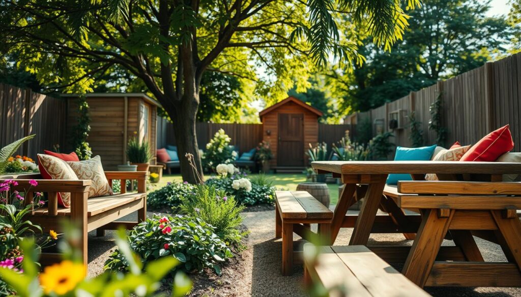 A serene garden setting showcases beautifully crafted DIY garden furniture. In the foreground, a rustic wooden table and matching benches are adorned with colorful cushions, inviting relaxation. The middle ground features a variety of plants, including vibrant flowers and greenery, complementing the furniture. In the background, a soft-focus view of a garden shed and wooden fence adds depth, with dappled sunlight filtering through leafy trees, creating a warm and inviting atmosphere. The angle captures the scene from a low perspective, emphasizing the intricate details of the furniture while showcasing the lush garden surroundings. Bright, natural lighting enhances the colors, giving a cheerful and inspiring mood to the image, perfect for illustrating a DIY guide to making garden furniture.