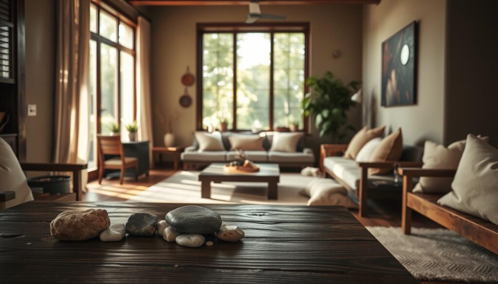 A serene interior scene inspired by nature, featuring dark wooden furniture. In the foreground, a beautifully arranged coffee table with natural elements like stones and a small potted plant. The middle ground showcases a cozy living space with a rich, earthy color palette of moss green and warm beige on the walls, complementing the dark wood. A large window in the background allows soft, dappled sunlight to filter in, creating a warm and inviting atmosphere. The lighting is soft and diffused, enhancing the organic feel. Include gentle textures like linen and wool in cushions to add comfort. The overall mood is tranquil and harmonious, promoting a connection with nature. No text or watermarks present.