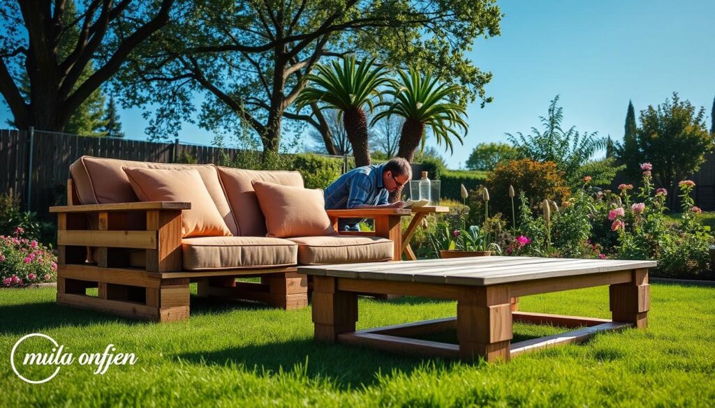 A serene outdoor scene featuring beautifully crafted garden furniture made from wooden pallets. In the foreground, display a stylish pallet sofa with plush cushions in earthy tones, and a rustic coffee table, both set on a vibrant green lawn. The middle ground features a lush garden with blooming flowers and leafy plants, enhancing the outdoor aesthetic. In the background, a clear blue sky stretches overhead, creating a bright and inviting atmosphere. Soft, natural sunlight filters through the trees, casting gentle shadows and highlighting the textures of the wood. The overall mood is tranquil and inspiring, perfect for showcasing DIY garden furniture projects.