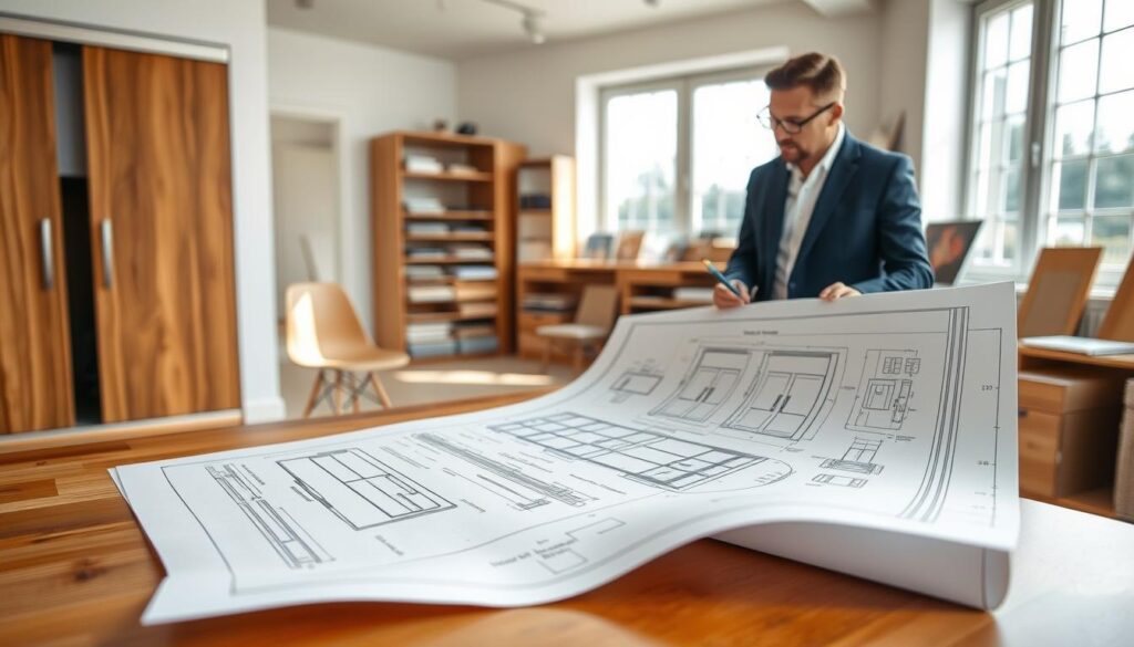 A spacious interior design studio featuring a detailed blueprint for sliding wardrobe doors on a wooden drafting table. In the foreground, the blueprint is unfurled, showcasing precise measurements and design elements like door handles and track systems. In the middle ground, a professional designer, dressed in smart-casual attire, examines the plans, holding a pencil and looking thoughtfully at the layout. Natural light floods the room through large windows, creating a warm and inviting atmosphere. The background shows shelves filled with samples of wood, glass, and hardware, emphasizing the planning and design process for custom sliding doors. The overall mood is creative and focused, portraying a space dedicated to innovative interior solutions.